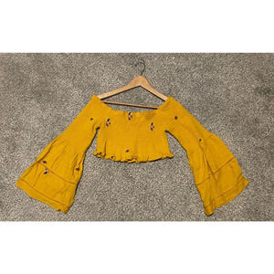 Free People Womens Top Medium Yellow Floral Embroidered Cropped Bell Sleeve Boho